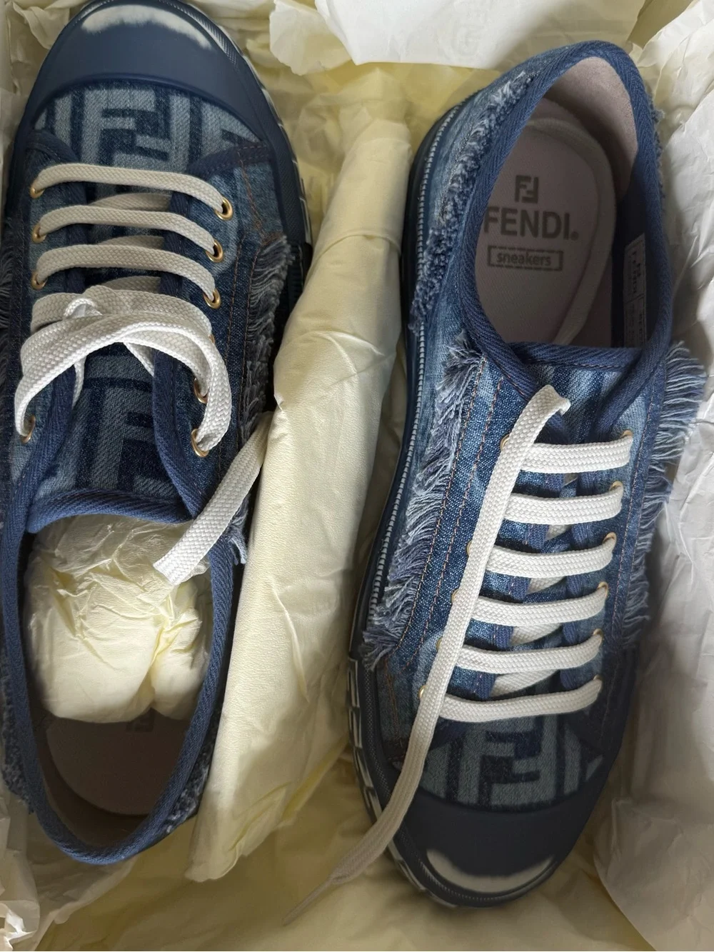 Fendi Blue Denim FF Logo Sneakers with White Laces